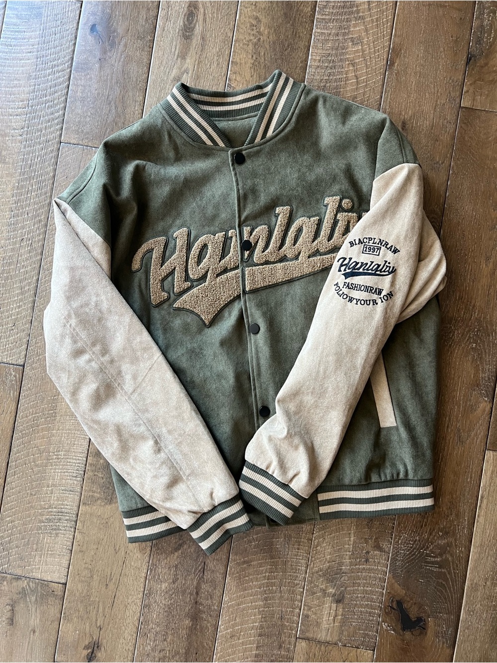 Green and Cream Letterman Jacket with Script Patch